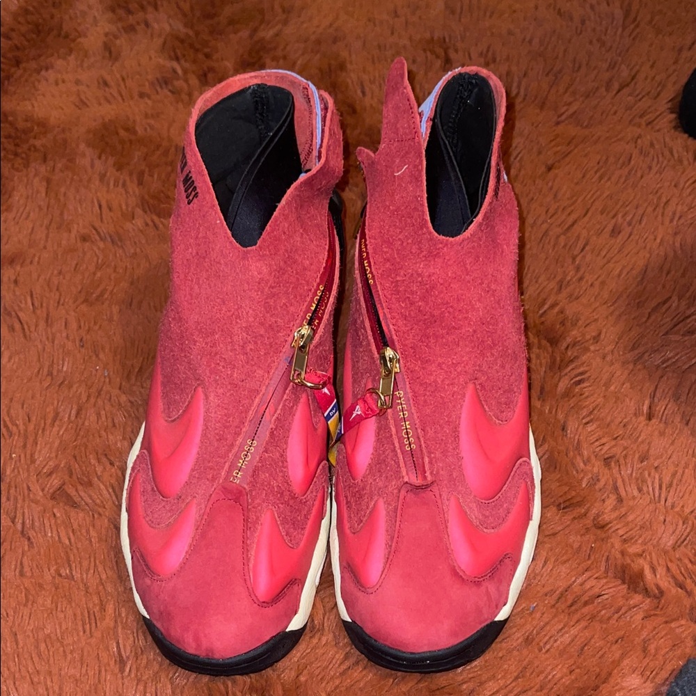 Pyer Moss Red Suede Zip-Front Sneakers with Gold Zippers